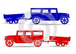 Silhouette of two trucks red and blue, retro car with trailer,