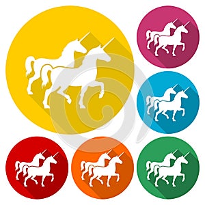 Silhouette of Two Unicorn Horse icons set with long shadow