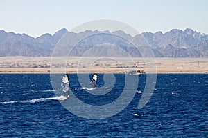 Silhouette of two windsurfers