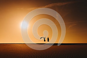 Silhouette of two women friends jumping at the beach at sunset during golden hour. Fun and friendship outdoors