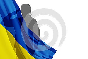 Silhouette of Ukrainian soldier in uniforms with Ukraina flag on white background. 3d rendering.