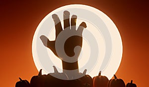 Silhouette of an undead zombie hand reaching out with a bright moon behind. 3D Rendering