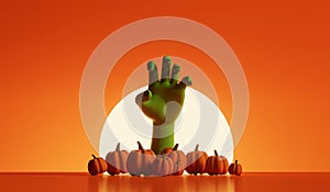 Silhouette of an undead zombie hand reaching out with a bright moon behind. 3D Rendering