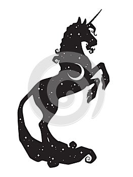 Silhouette of unicorn with crescent moon and stars isolated. Sticker, print or tattoo art double exposure design vector