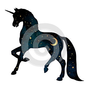 Silhouette of unicorn with crescent moon and stars isolated. Sticker, print or tattoo art double exposure design vector illustrati