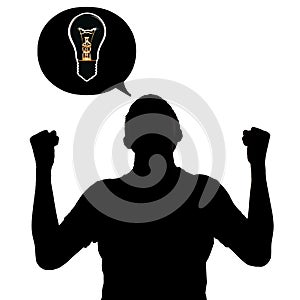 Silhouette of an unknown man who dawned on strong idea on a white isolated background, concept thought light bulb, emotions of joy photo