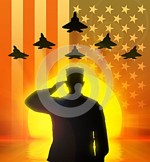 Silhouette of US soldier saluted.