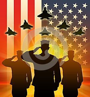 Silhouette of US soldiers saluted.