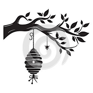 Silhouette vector art of a beehive hanging from a tree branch