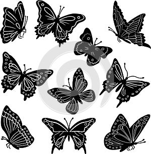 Silhouette of vector black butterflies on a white background. Butterflies icon