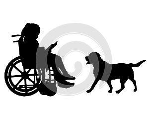 Silhouette Vector of a disabled child girl sitting in a wheelchair reading a book near her dog