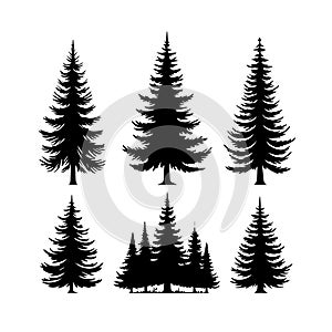 Silhouette Vector Icon Set Of Christmas Tree, Yule, Fir, Tannenbaum, Evergreen, Conifer, Pine, Holiday