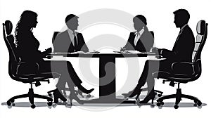 Silhouette vector illustration of business people sitting at a table in an office working on a computer