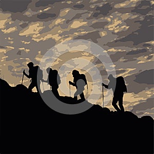 The silhouette vector illustration of hikers and trekkers hiking at sunrise twilight