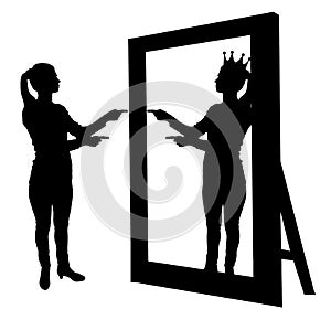 Silhouette vector of a narcissistic woman raises her self-esteem in front of a mirror