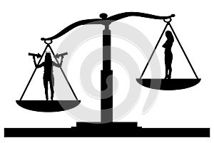 Silhouette vector of a selfish woman in priority on the scales of justice with an ordinary woman