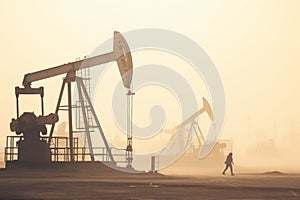 Silhouette view big industrial crude oil gas petrochemical refinery pump oilfield desert unrecognizable male man guy