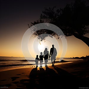 a silhouette view of a family of four at a seashore, at sunset