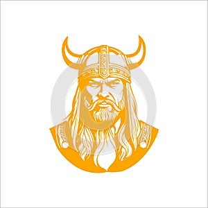 the silhouette of a viking\'s face, yellow, firm, dashing, dignified