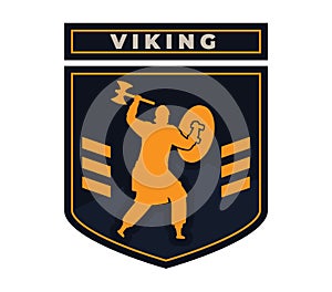 Silhouette of Viking warrior with axe and shield on shield-shaped emblem. Medieval Norseman logo design. Warrior emblem