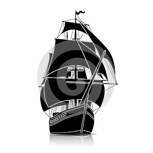 Silhouette vintage sailing ship with reflection