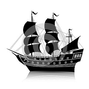 Silhouette vintage sailing ship with reflection