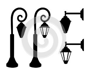 Silhouette of vintage streetlights. Vector retro street lamp lights isolated on white background. Web site page and mobile app des