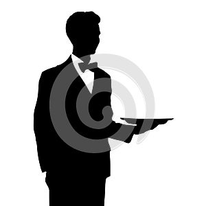 Silhouette of Waiter in Tuxedo Holding Tray
