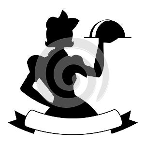 Silhouette of waitress style 50`s, carrying a tray with food.