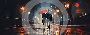 Silhouette of walking couple under umbrella in the night. Love in the rain, romantic scene