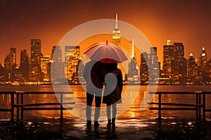 Silhouette of walking couple under umbrella in the night. Love in the rain, romantic scene