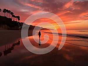 Silhouette of a walking lonely woman on the beach during the sunset or sunrise