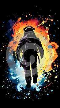 Silhouette of Wandering astronaut at night, black background