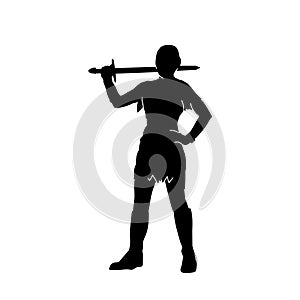 Silhouette of a warrior woman holding a sword blade weapon.