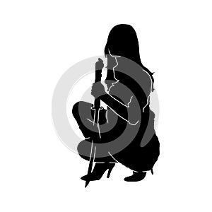 Silhouette of a warrior woman holding a sword blade weapon.