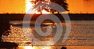 Silhouette of water skier during sunset time - orange reflection