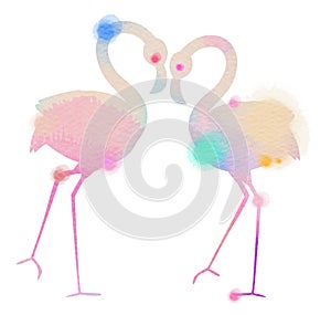 Silhouette watercolor of romantic pink flamingo birds join heads