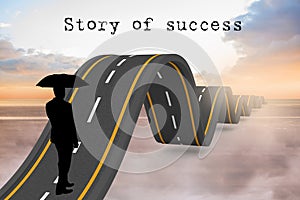 silhouette with wavy road and story of success text