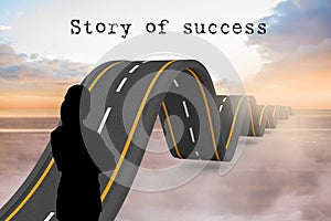 silhouette with wavy road and story of success text