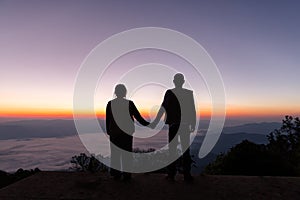Silhouette of wedding Couple in love holding hand together during sunrise with morning sky background. Pre-wedding portraits.