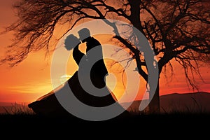 silhouette of wedding Couple in love kissing and holding hand together during sunset with evening sky background