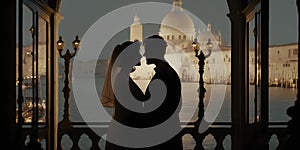 Silhouette of wedding couple on their honeymoon hugging kissing on a terrace in the evening with Venice background