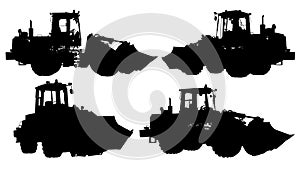 Silhouette of a wheeled front loader or bulldozer on a white isolated background. construction machinery. Element for design.