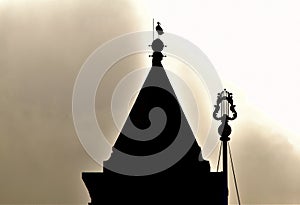 Silhouette of White Stork, Ciconia ciconia, resting on a bell tower of a Catholic Church in Malta.