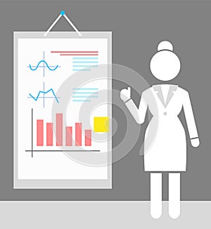 Silhouette white vector sketch businesswoman and board. Business Infographic. Simplified female shape