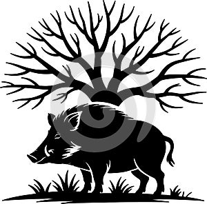Silhouette of a wild boar under a bare tree with grass