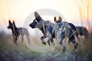 silhouette of wild dogs hunting at dusk against sunset