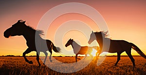 silhouette of wild horses running in the plain at sunset