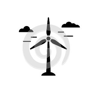 Silhouette Wind power plant. Outline icon of air green energy. Black illustration of electric station, windmill with clouds. Flat