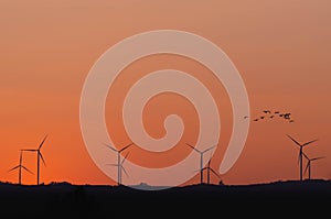 Silhouette Wind turbines power generator on hill
